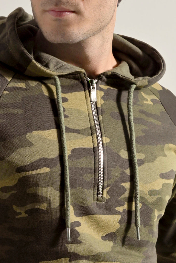 Camouflage Half Zipper Hoodie - Green - Mendeez