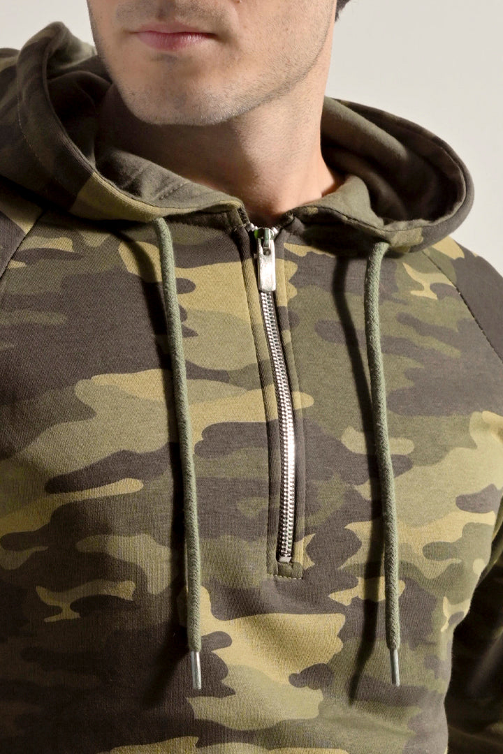 Camouflage Half Zipper Hoodie - Green - Mendeez