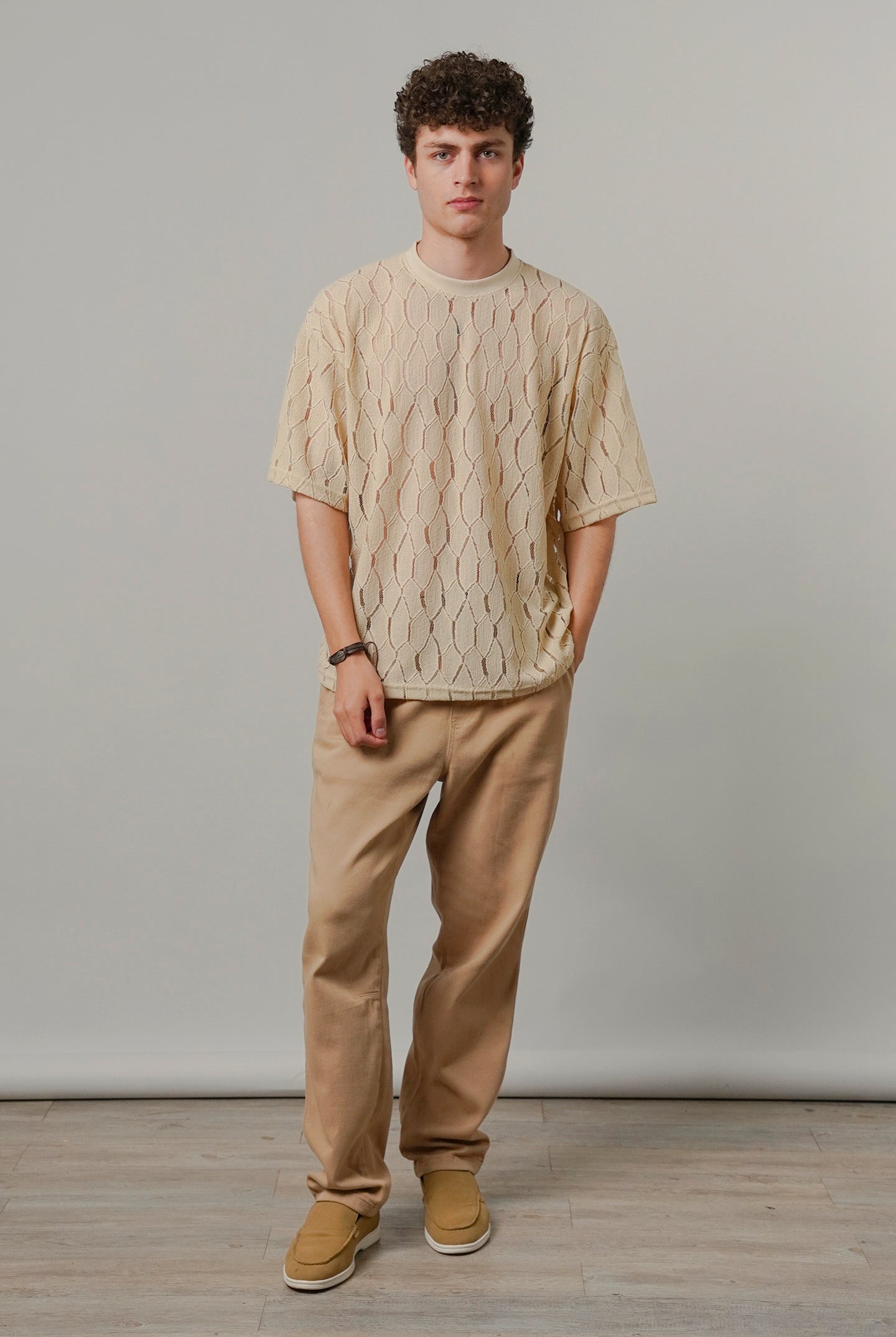 Knitted Oversized T-Shirt - Cream - Mendeez