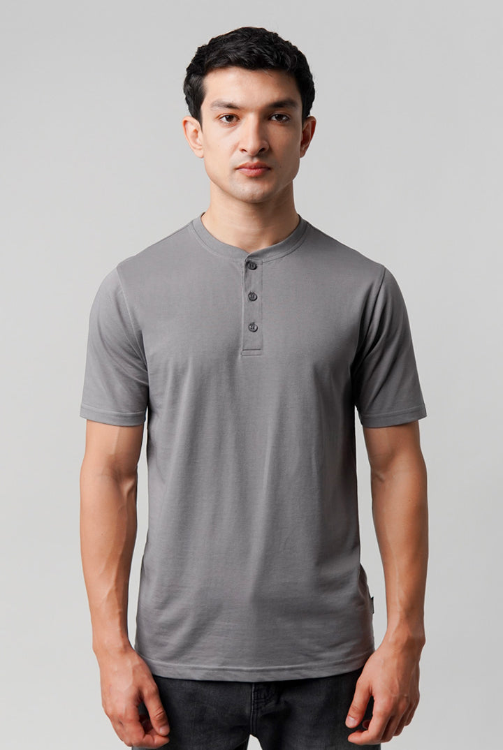 Regular Fit Henley T-Shirt - Grey - Mendeez
