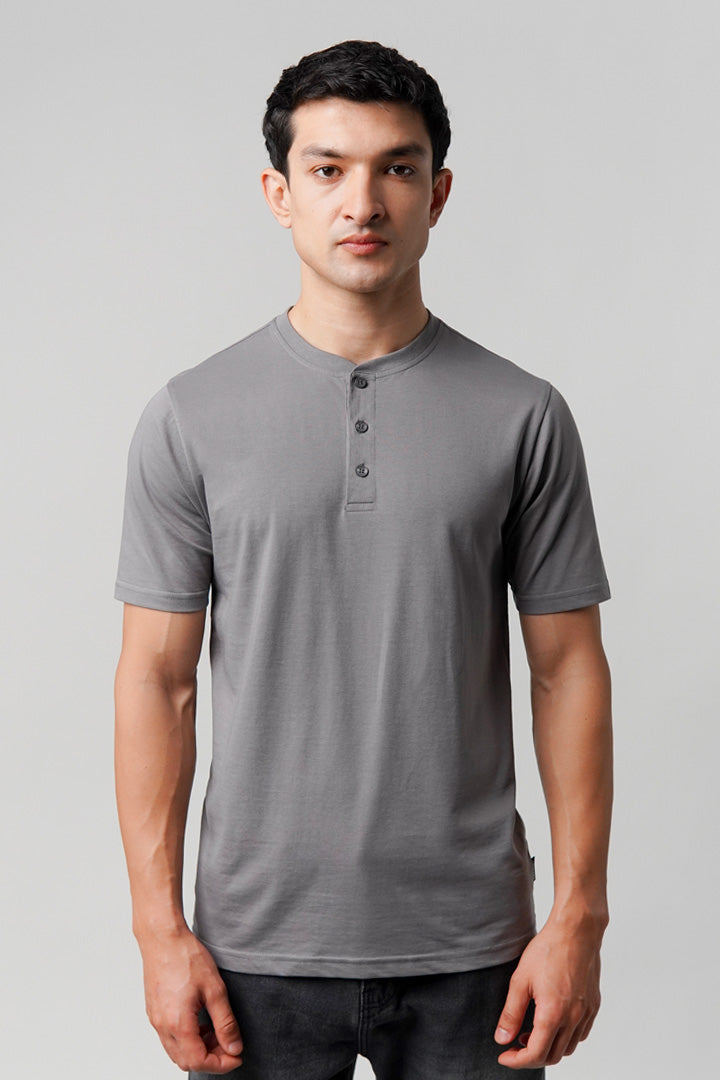 Regular Fit Henley T-Shirt - Grey - Mendeez