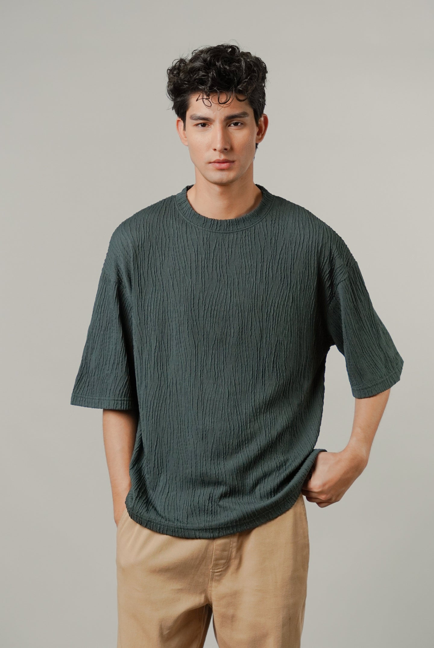 Oversized Textured Tee - Charcoal Green - Mendeez