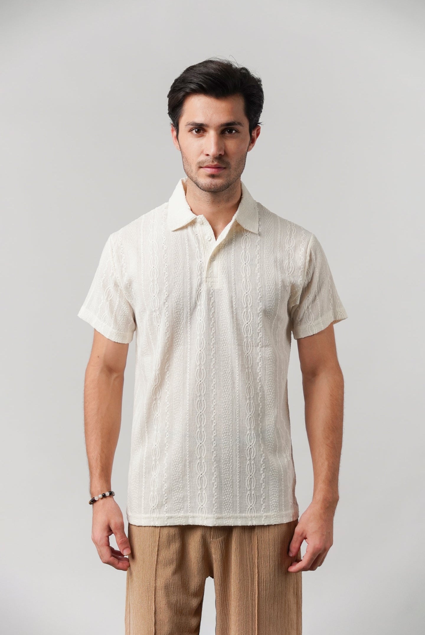 Knitted Polo Shirt - Off-White - Mendeez