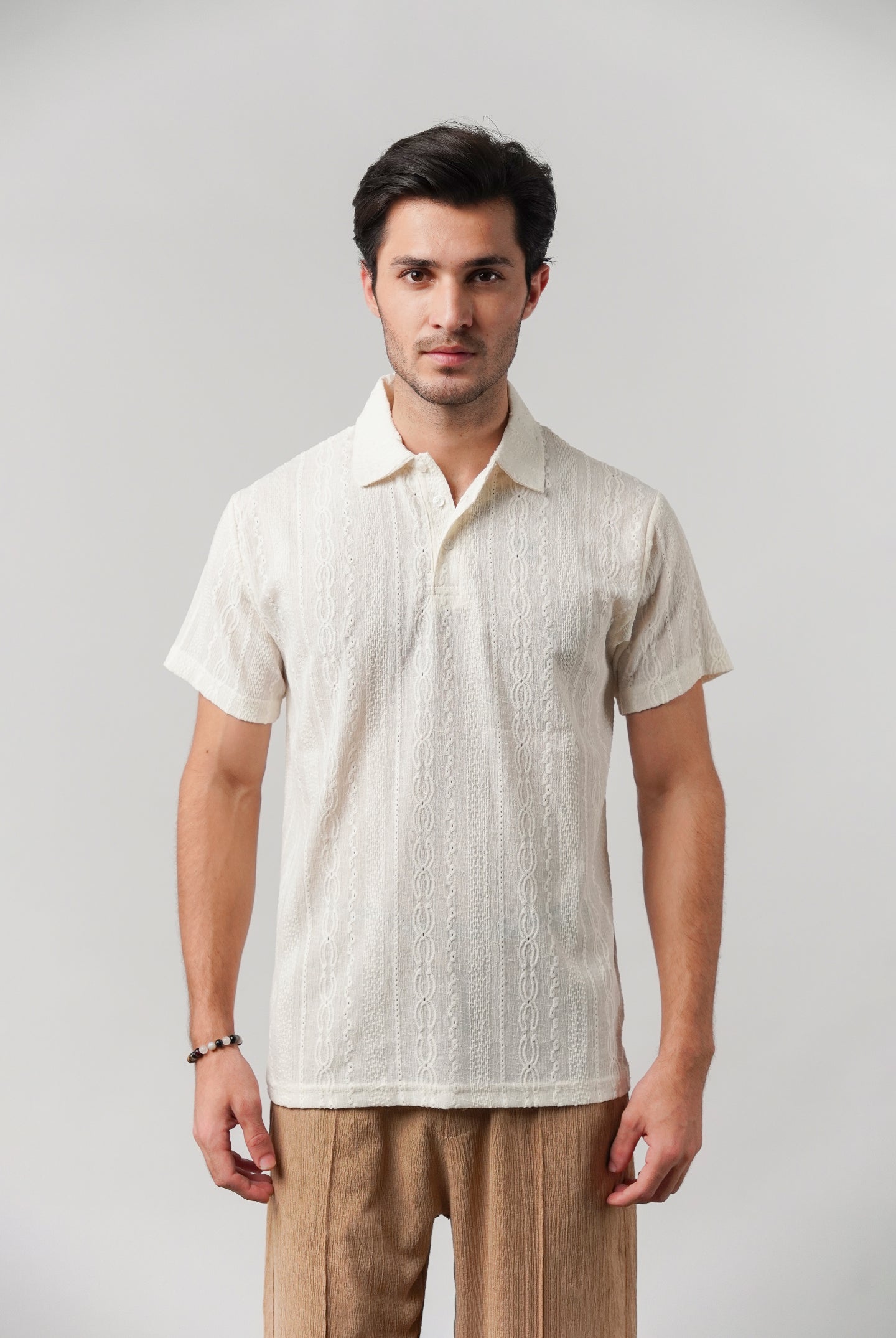 Knitted Polo Shirt - Off-White - Mendeez