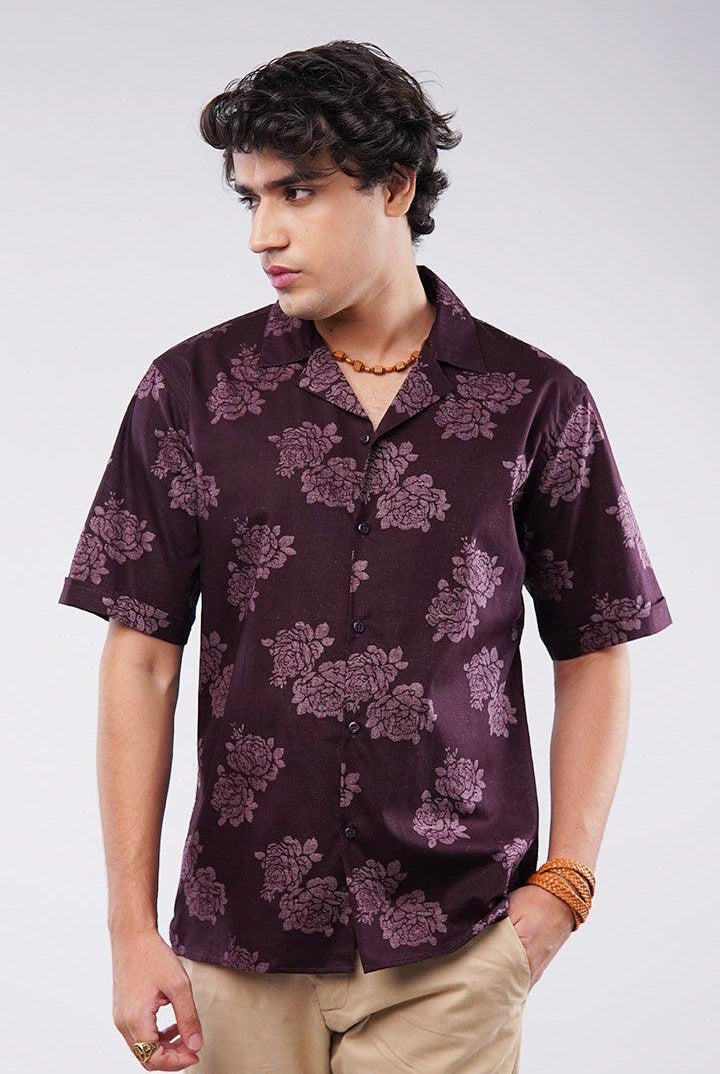 Floral Printed Cuban Shirt - Maroon - Mendeez