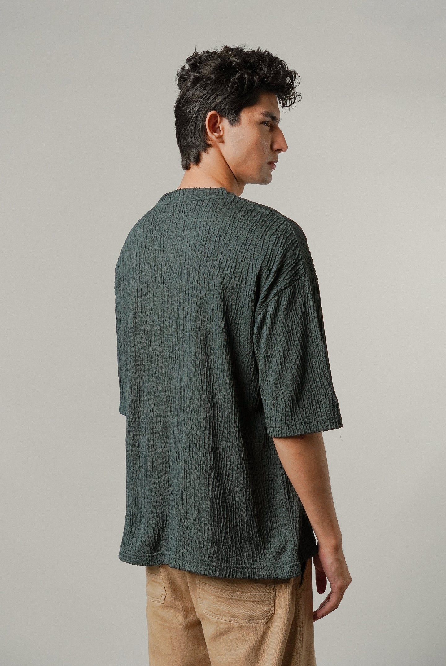Oversized Textured Tee - Charcoal Green - Mendeez