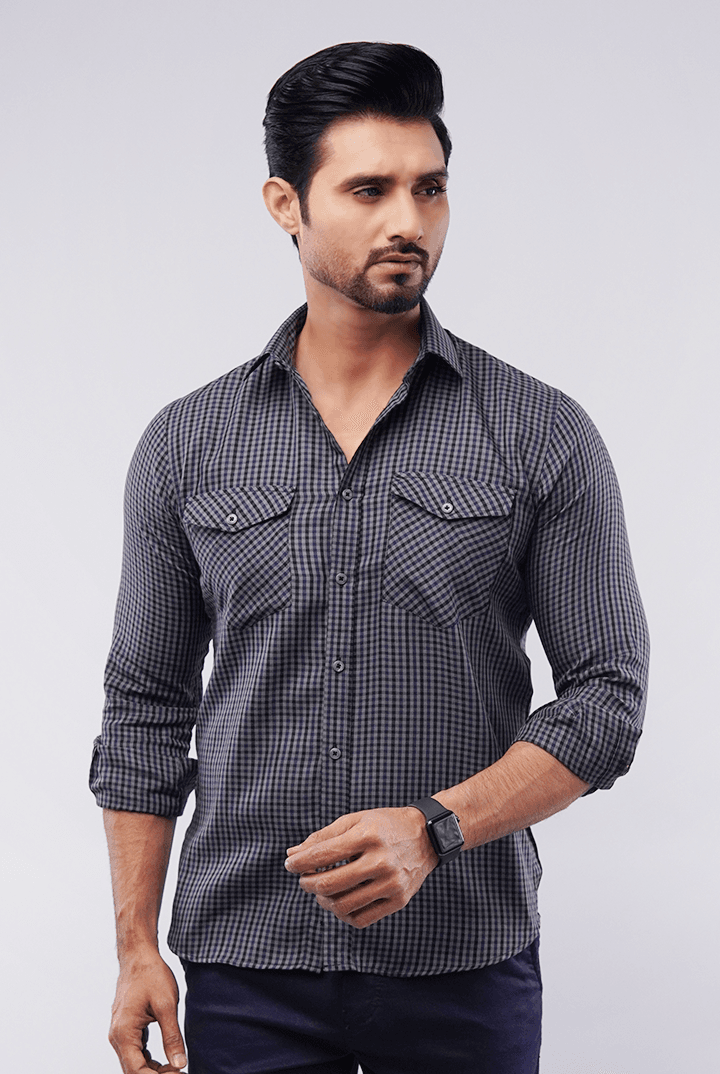 Checkered Button Down Shirt - Grey Micro - Mendeez PK