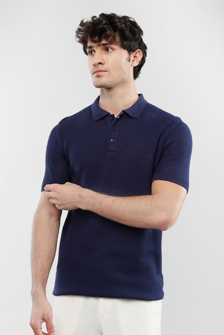 Knitted Polo Shirt - Navy Blue - Mendeez