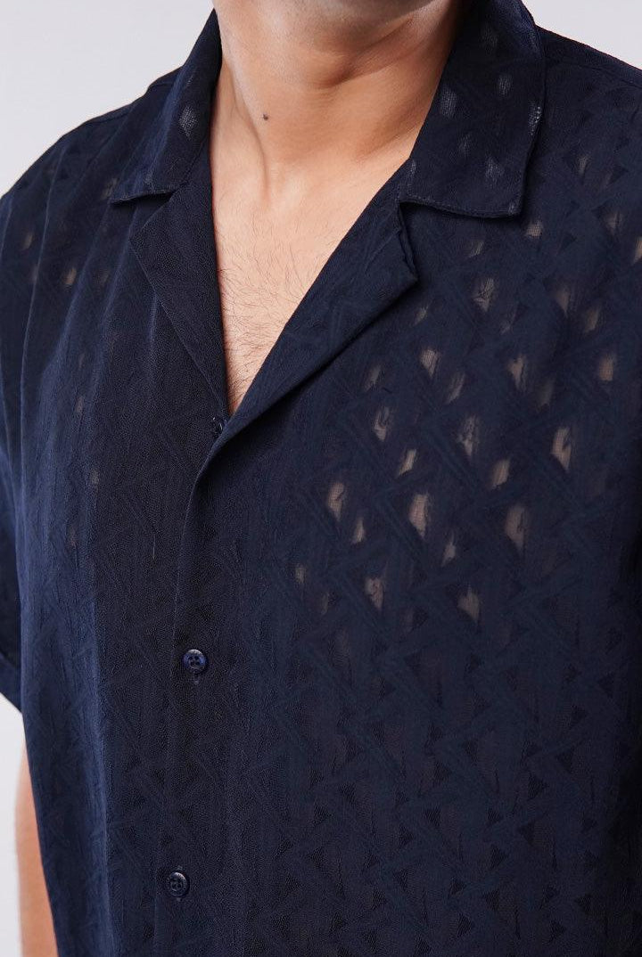 Self Texture Cuban Shirt - Navy Blue - Mendeez