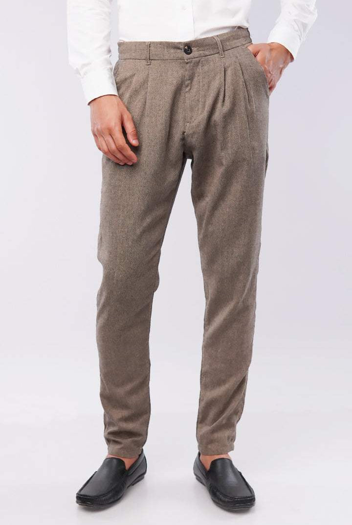 Herringbone Pleated Pants - Brown - Mendeez
