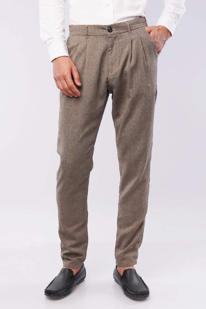 Herringbone Pleated Pants - Brown - Mendeez