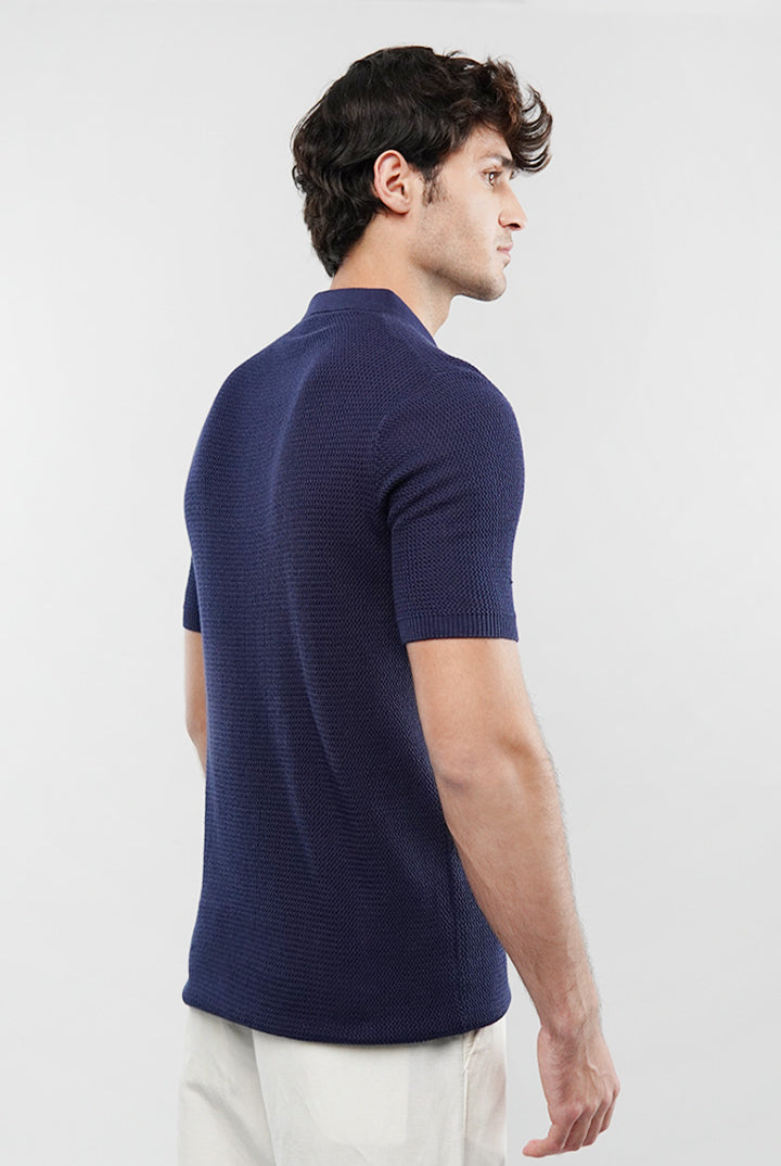 Knitted Polo Shirt - Navy Blue - Mendeez