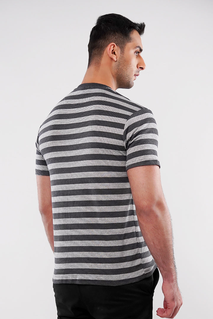Striped Henley T-Shirt - Grey - Mendeez