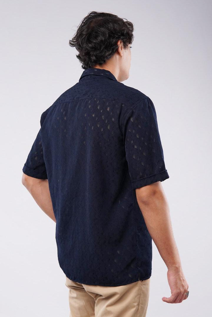 Self Texture Cuban Shirt - Navy Blue - Mendeez