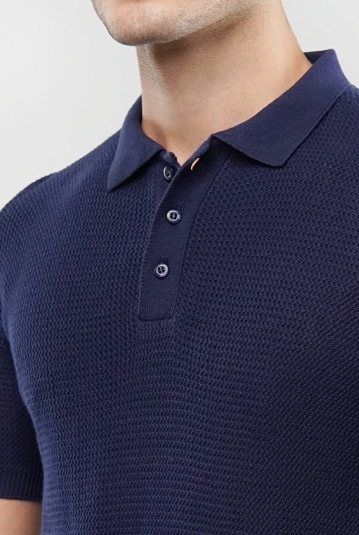 Knitted Polo Shirt - Navy Blue - Mendeez