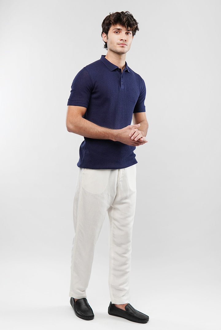 Knitted Polo Shirt - Navy Blue - Mendeez