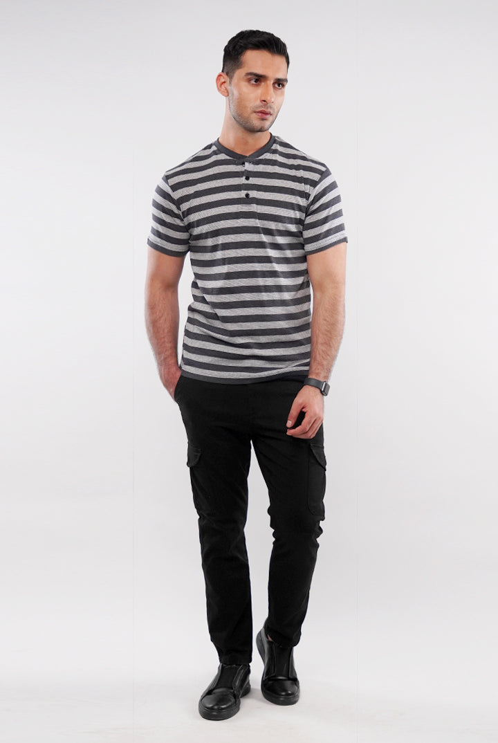 Striped Henley T-Shirt - Grey - Mendeez