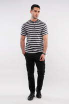 Striped Henley T-Shirt - Grey - Mendeez