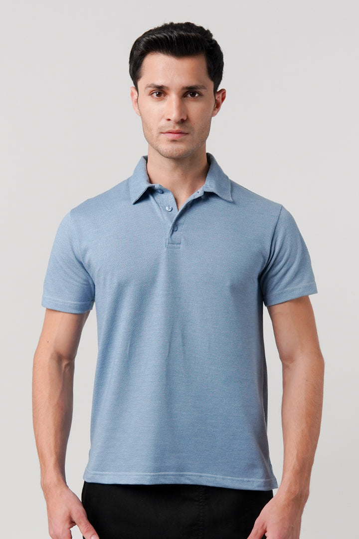 Textured Polo Shirt - Ocean Blue - Mendeez