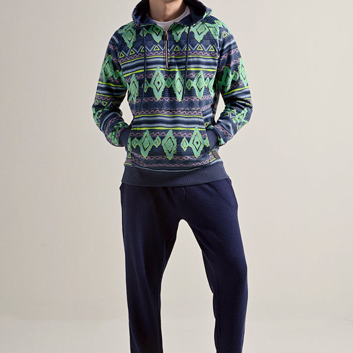 Printed Half Zipper Hoodie - Multicolor - Mendeez