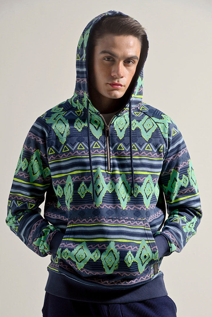 Printed Half Zipper Hoodie - Multicolor - Mendeez