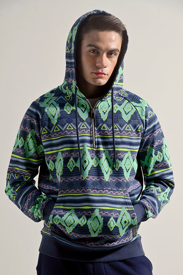 Printed Half Zipper Hoodie - Multicolor - Mendeez