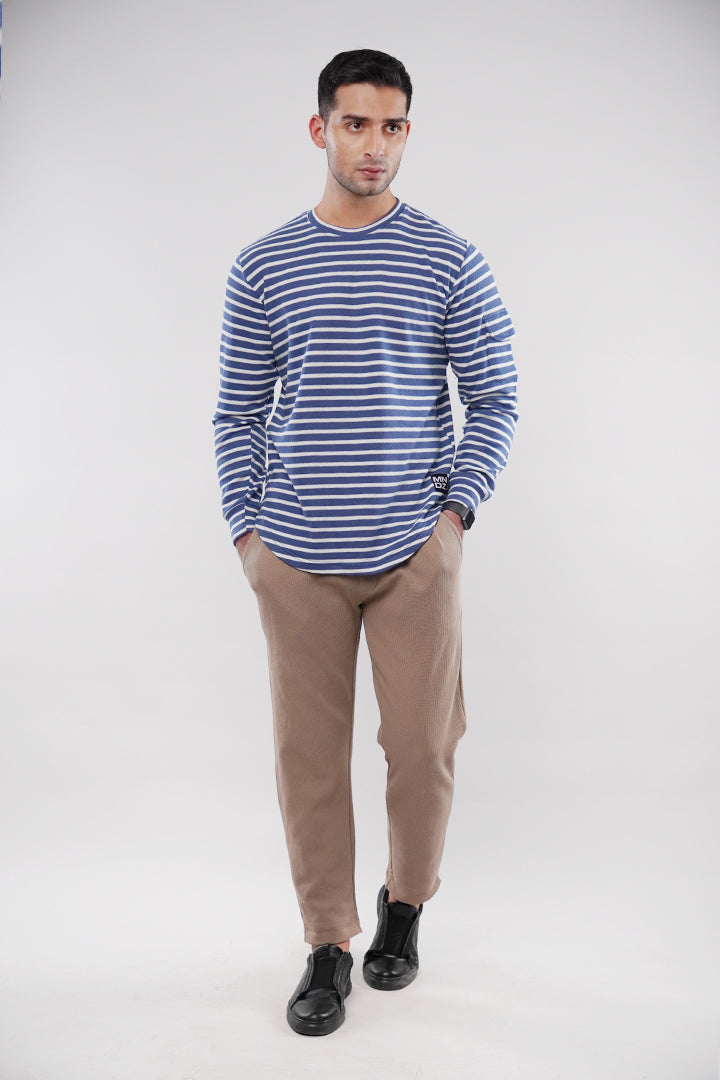 Striped Thermal Sweatshirt - Blue & White - Mendeez