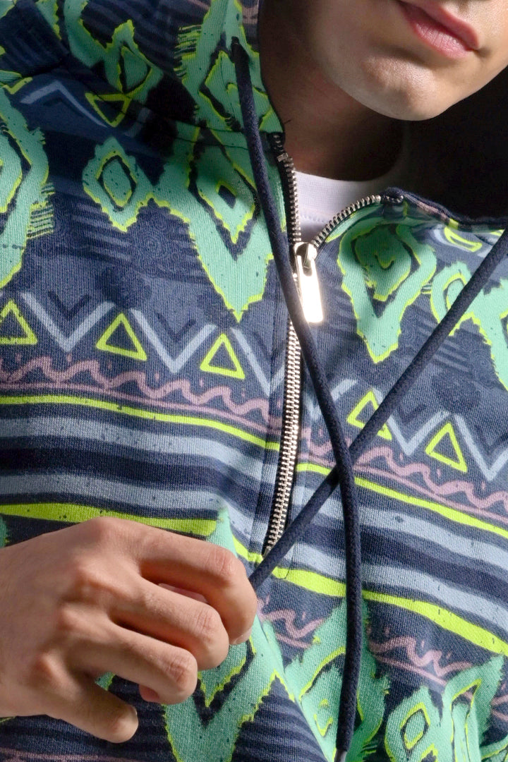 Printed Half Zipper Hoodie - Multicolor - Mendeez