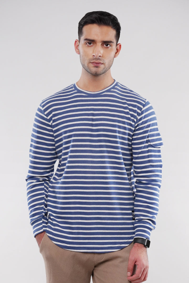 Striped Thermal Sweatshirt - Blue & White - Mendeez