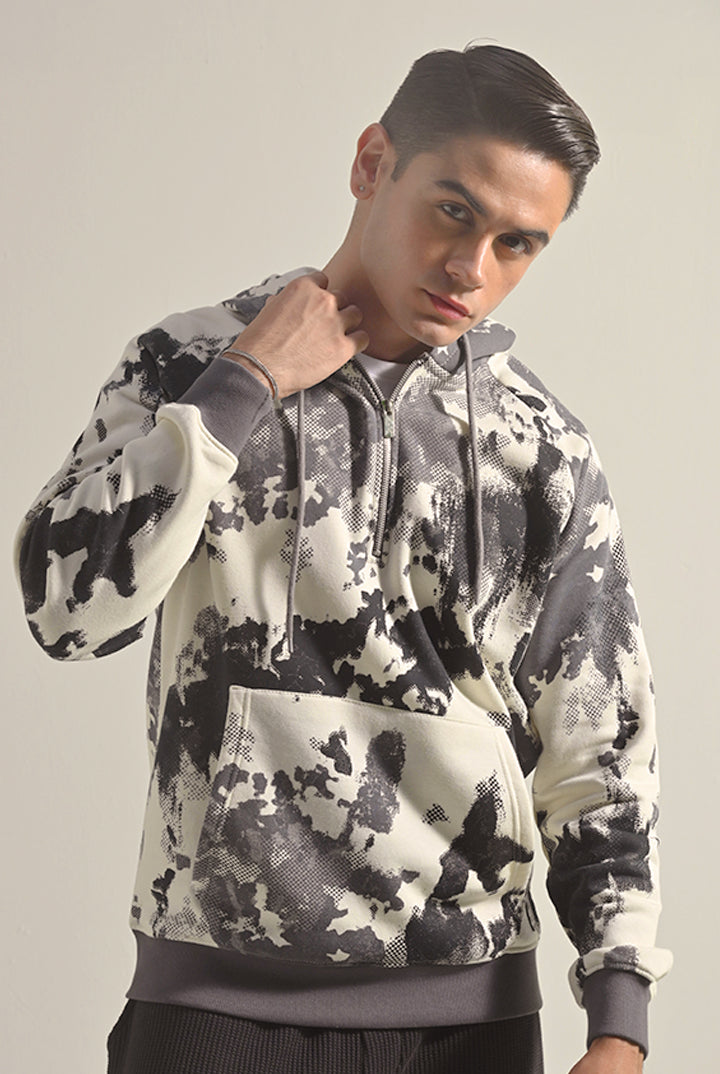 Printed Half Zipper Hoodie - Black & White - Mendeez