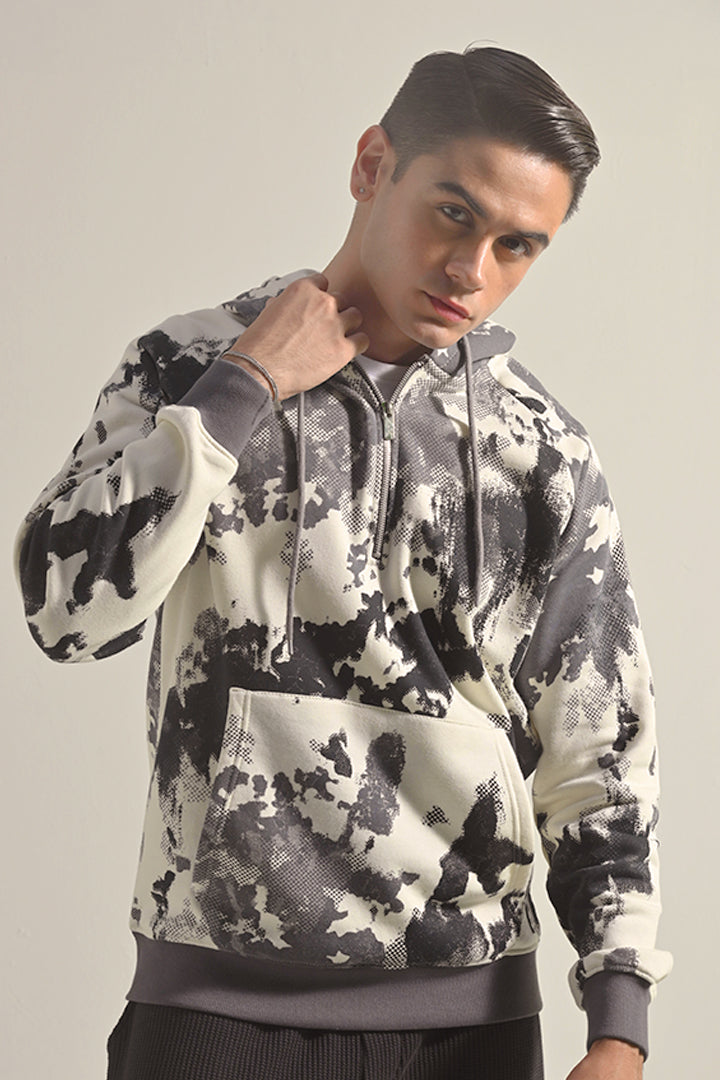 Printed Half Zipper Hoodie - Black & White - Mendeez