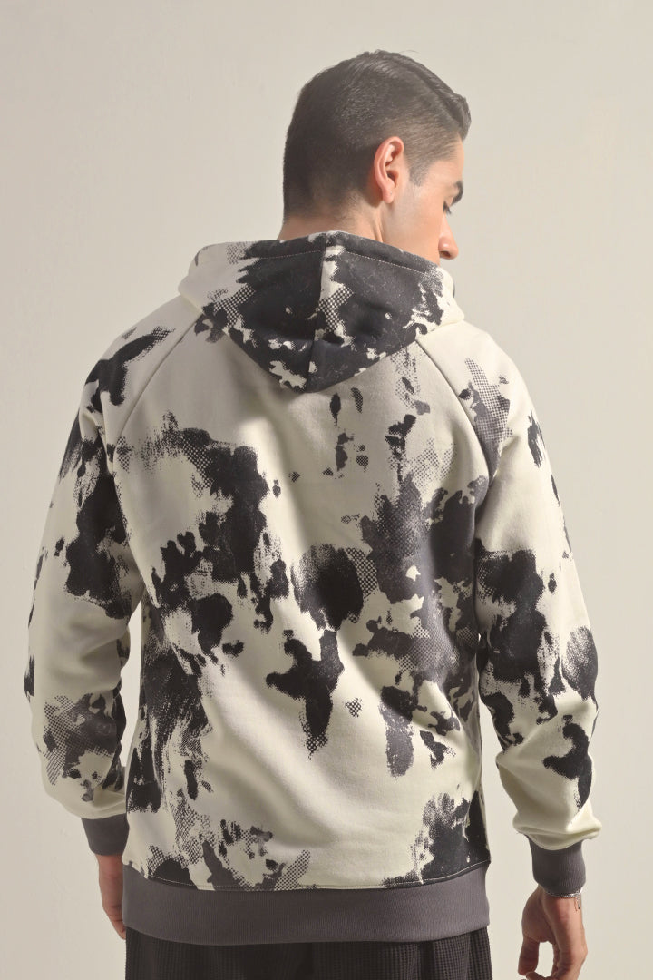 Printed Half Zipper Hoodie - Black & White - Mendeez