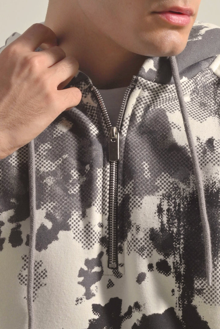 Printed Half Zipper Hoodie - Black & White - Mendeez