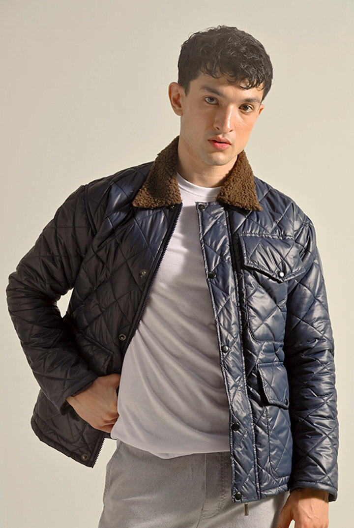 Quilted Puffer Jacket - Navy Blue - Mendeez