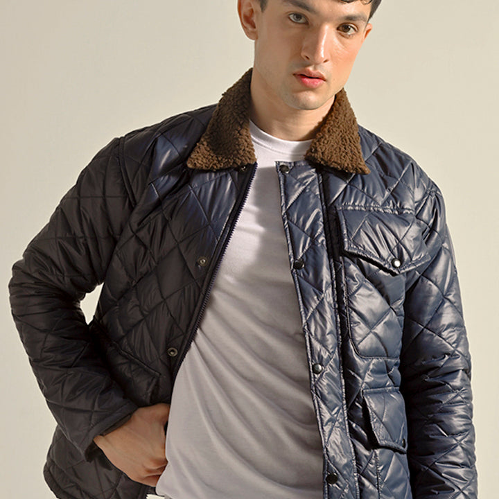 Quilted Puffer Jacket - Navy Blue - Mendeez