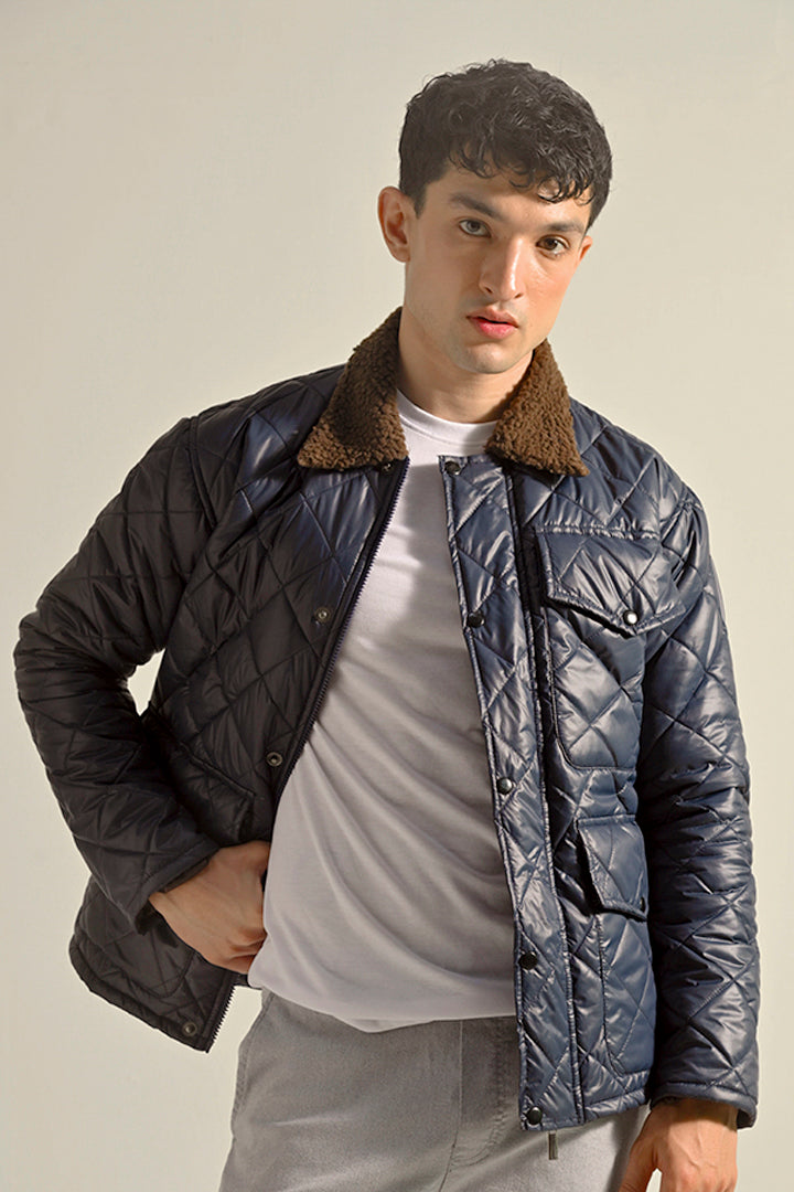 Quilted Puffer Jacket - Navy Blue - Mendeez