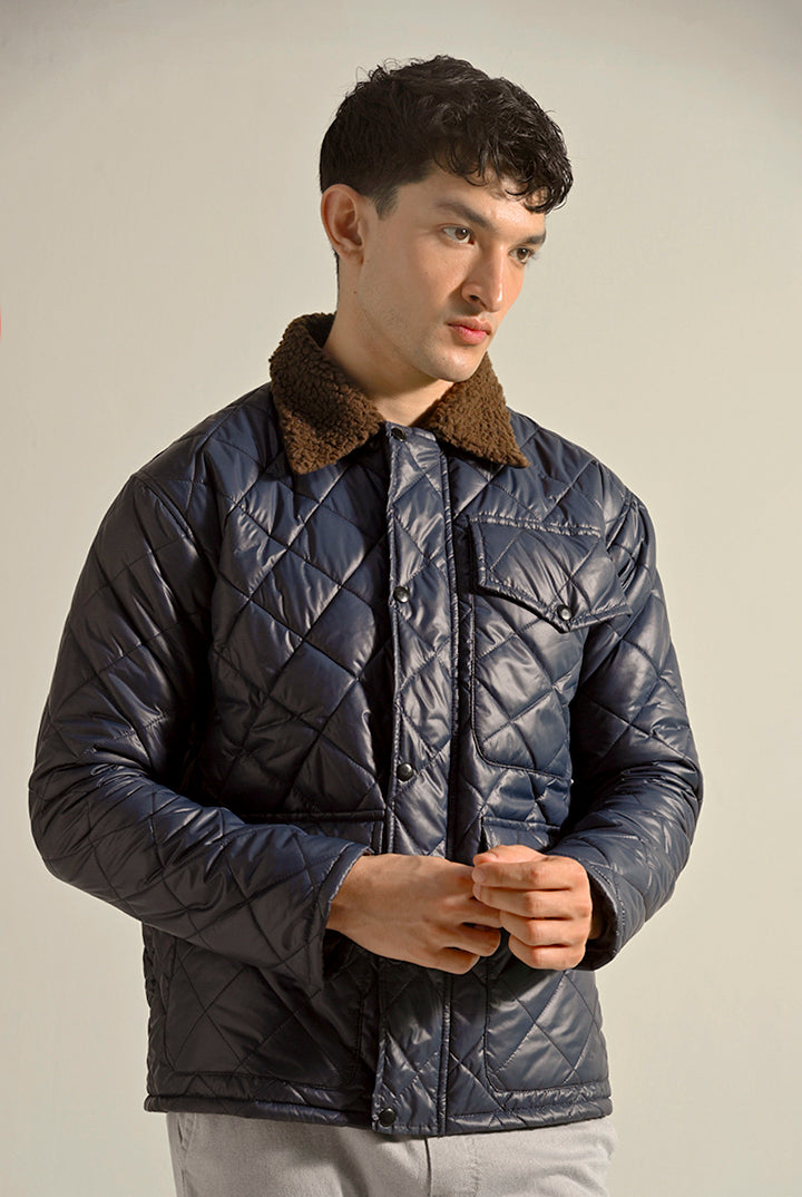 Quilted Puffer Jacket - Navy Blue - Mendeez