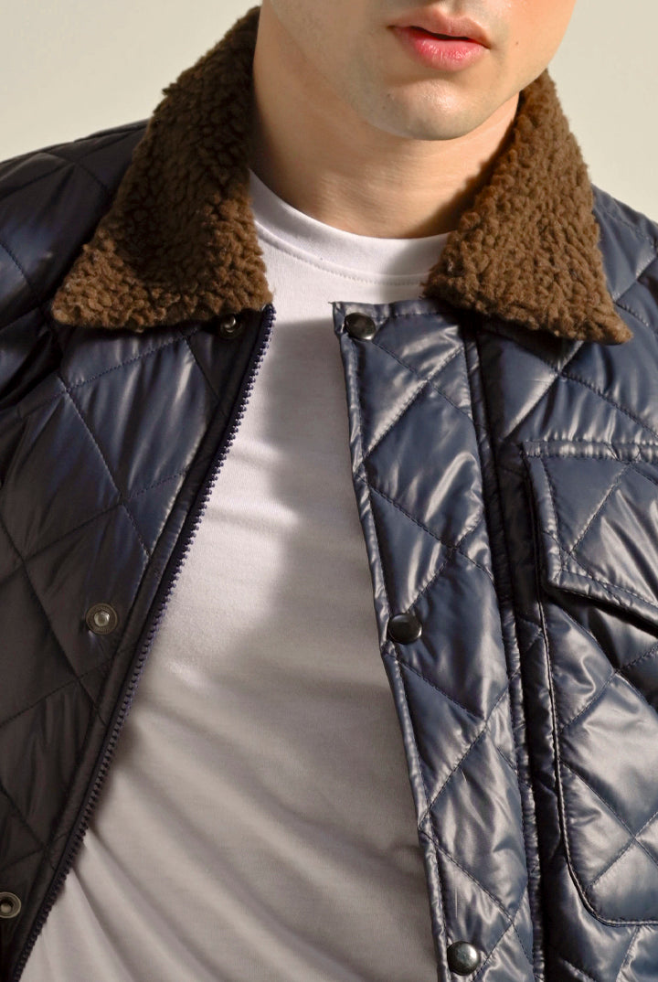 Quilted Puffer Jacket - Navy Blue - Mendeez