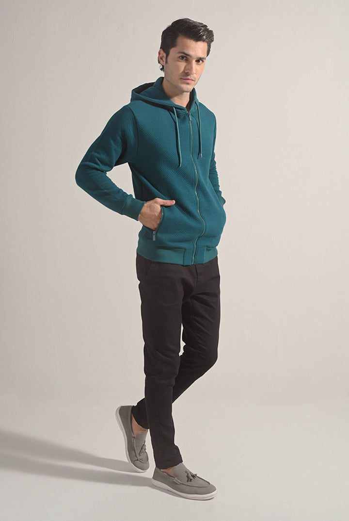 Textured Zipper Hoodie - Teal Green - Mendeez
