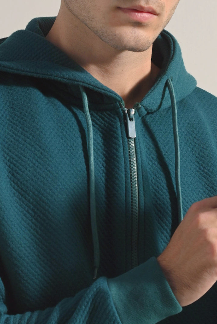 Textured Zipper Hoodie - Teal Green - Mendeez
