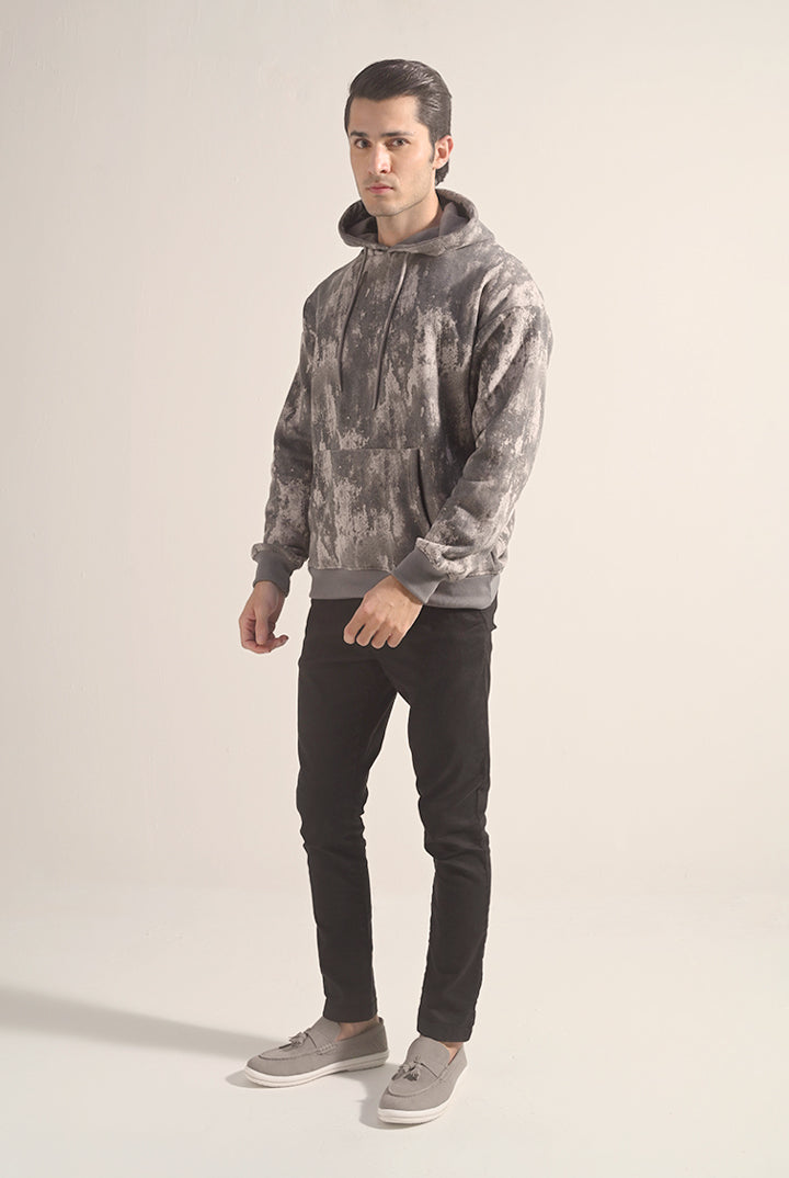 Printed Pullover Hoodie - Grey - Mendeez