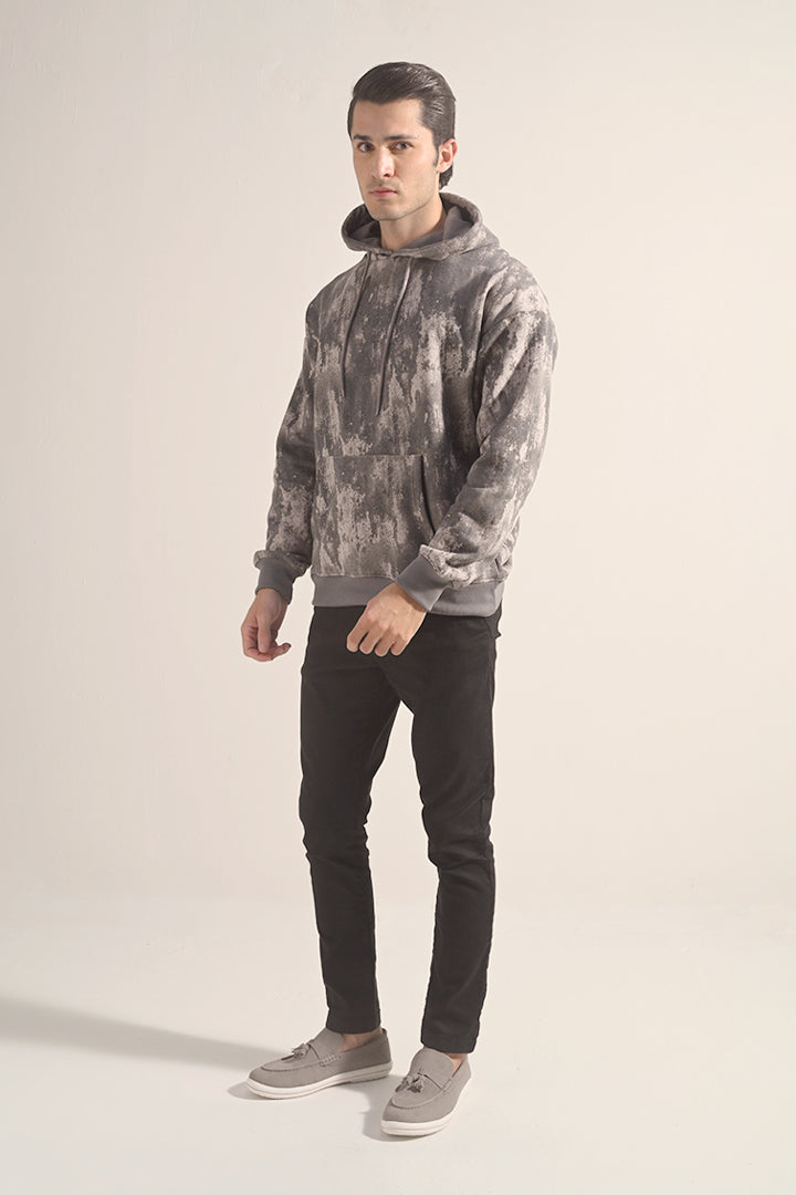 Printed Pullover Hoodie - Grey - Mendeez