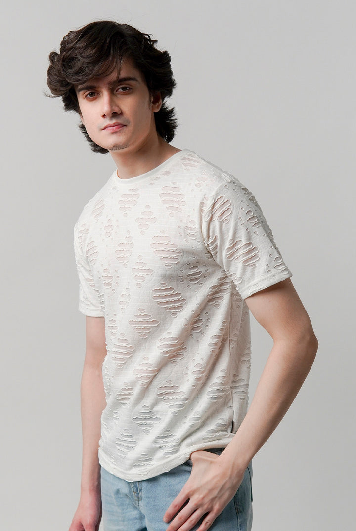 Ribbed Jacquard T-Shirt - White - Mendeez