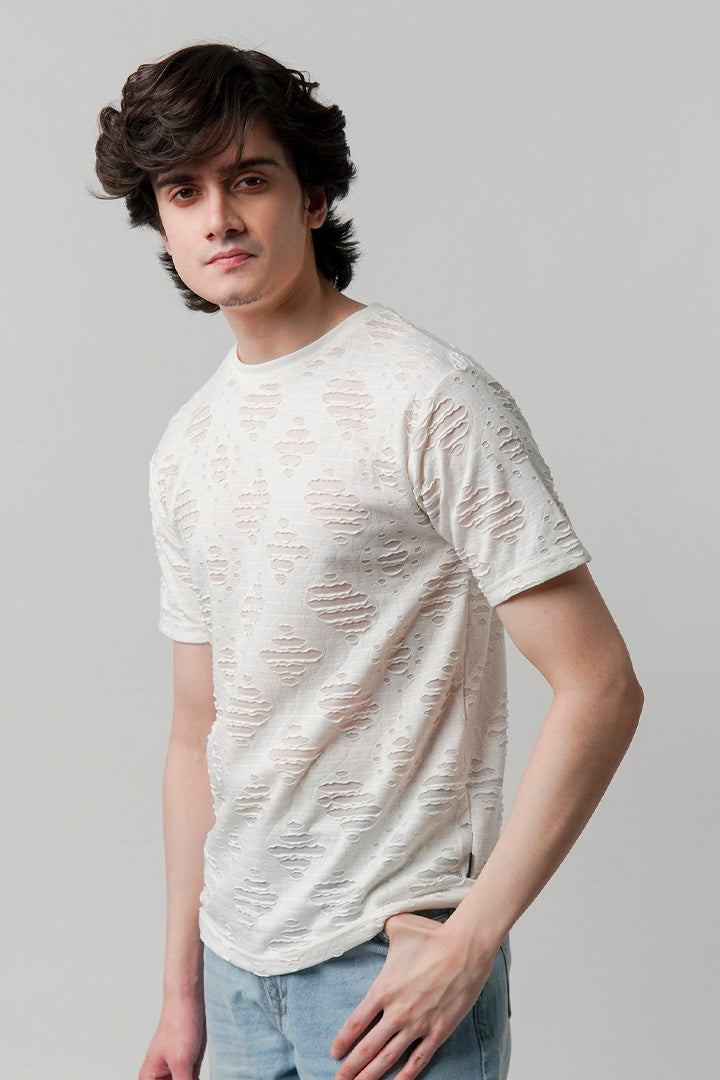 Ribbed Jacquard T-Shirt - White - Mendeez