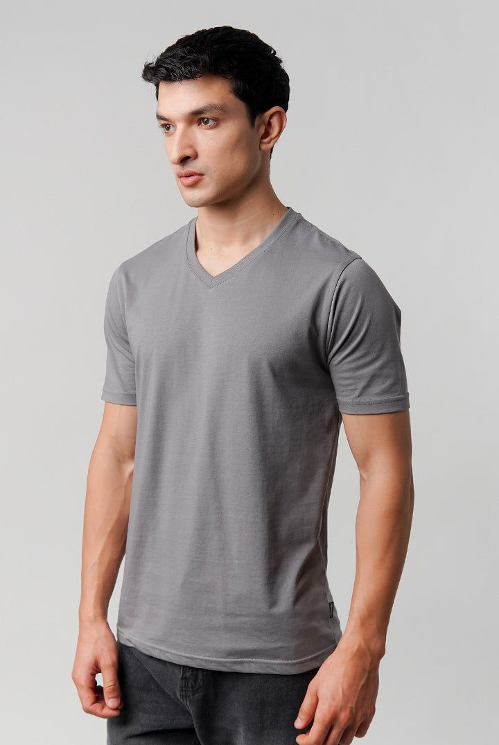 Regular Fit V-Neck T-Shirt - Grey - Mendeez