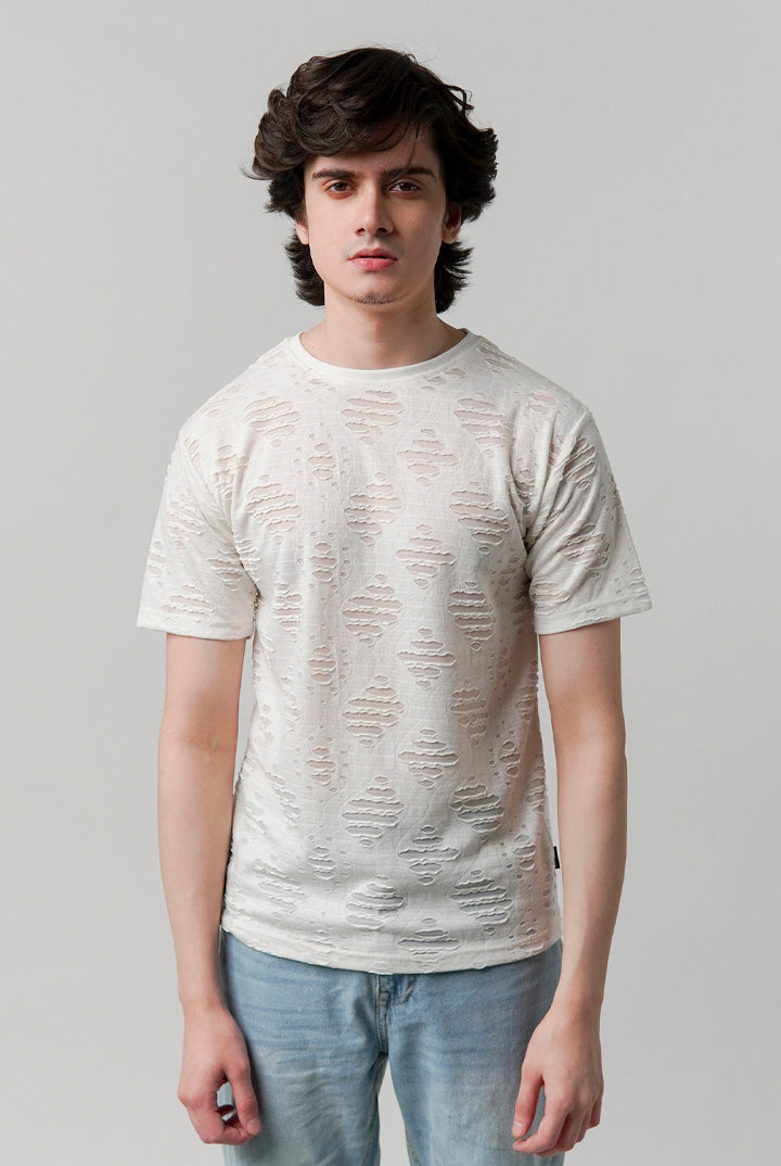 Ribbed Jacquard T-Shirt - White - Mendeez