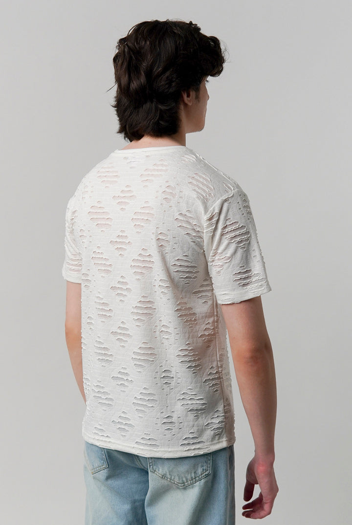 Ribbed Jacquard T-Shirt - White - Mendeez