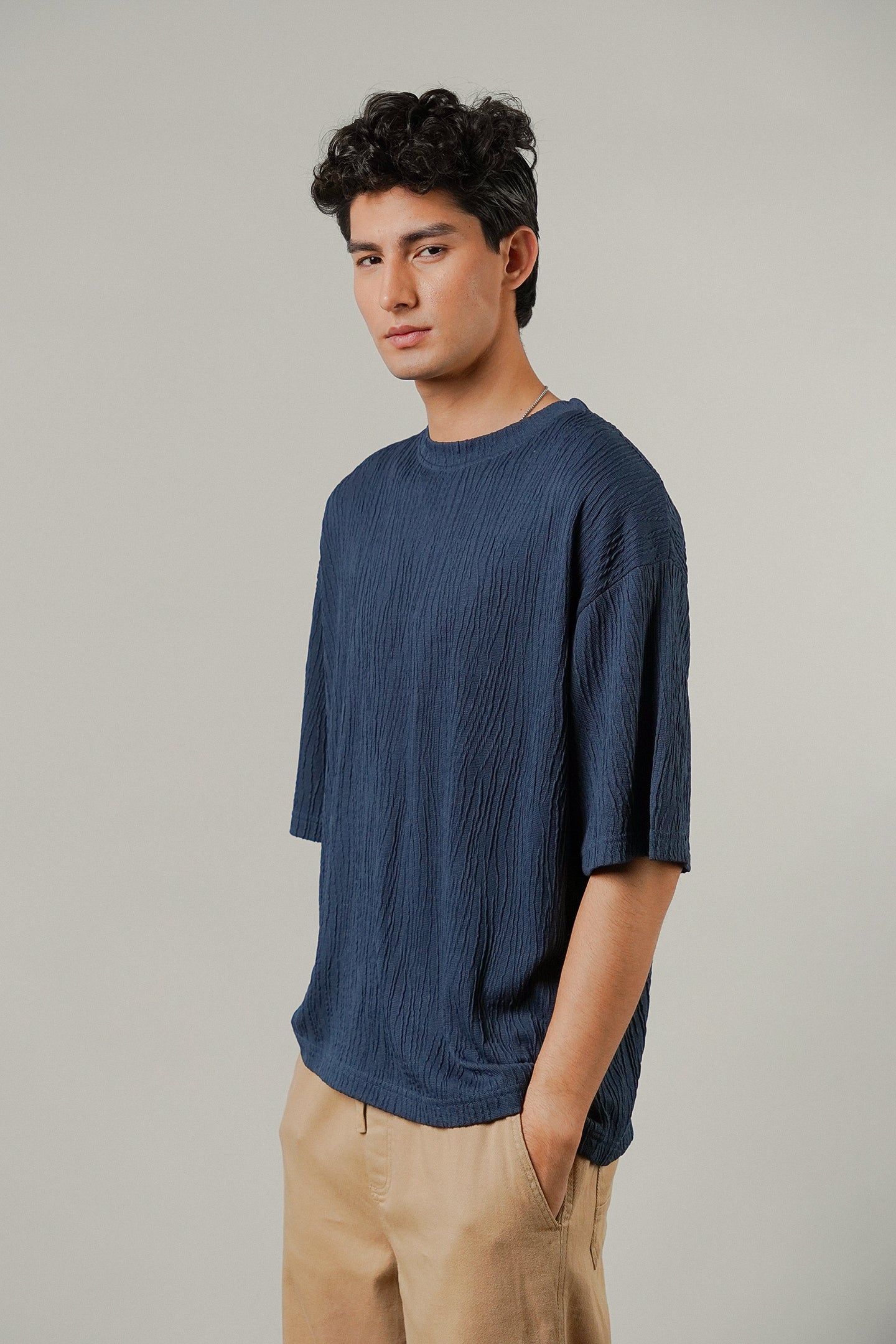 Oversized Textured Tee - Deep Blue - Mendeez