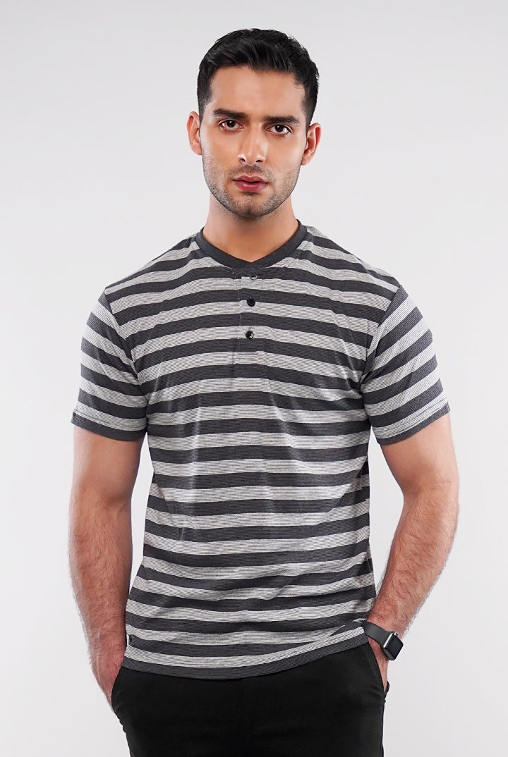 Striped Henley T-Shirt - Grey - Mendeez