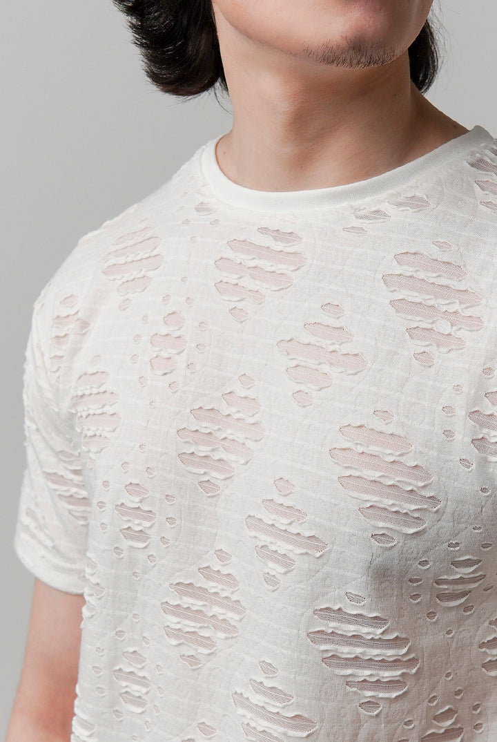 Ribbed Jacquard T-Shirt - White - Mendeez